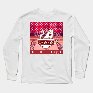 Polk-a-dots Flowers and Teacup Kitty Long Sleeve T-Shirt